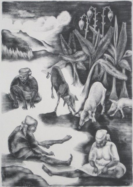 George Biddle lithograph: George Biddle- ''Banana Grove'' (Pennigar 81)- lithograph, 1928, signed, titled and numbered 33/100 in pencil, from the West Indies series, very good condition. 12 11/16 x 9''