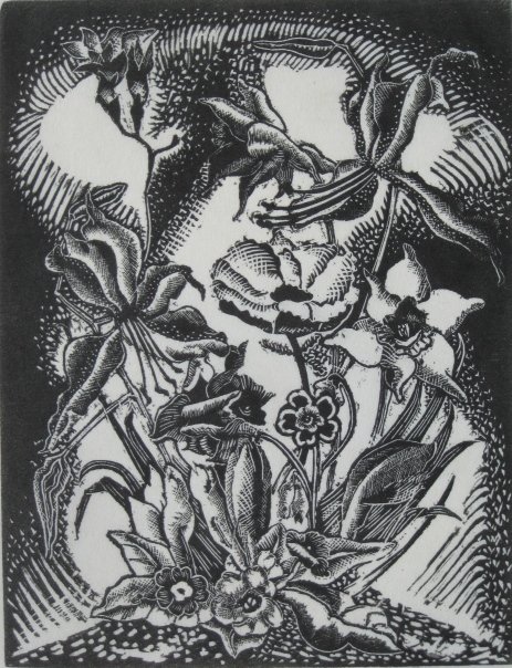 John Billmyer woodcut: John Billmyer- ''Flowers''- woodcut, 1935, signed in pencil, edition of 250, published by the Print-A-Month Club, Cleveland, Ohio. 8 1/4 x 6 3/8''