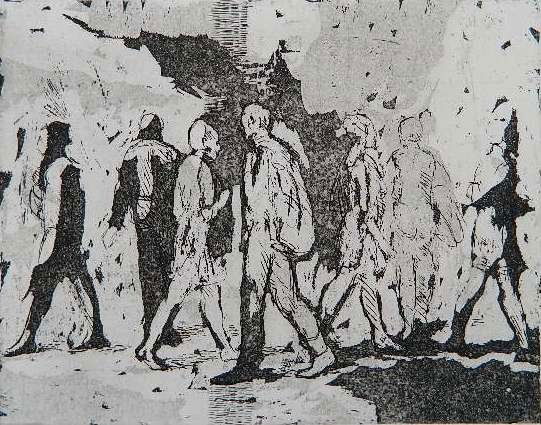 Isabel Bishop etching: Isabel Bishop- "Young People Going Into the Delacorte Theatre, Central Park"(Teller 76)- etching and aquatint, 1980-81, singed in pencil, proofs only printed in 1985, very good condition. 7 x 8 7/8"