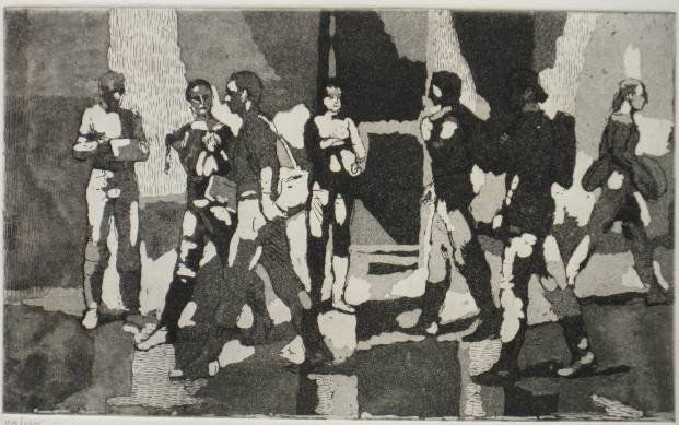 Isabel Bishop etching and aquatint: Isabel Bishop- ''Seven Students'' (Teller 79)- etching and aquatint, 1981/84, signed in pencil. 4 15/16 x 7 15/16''