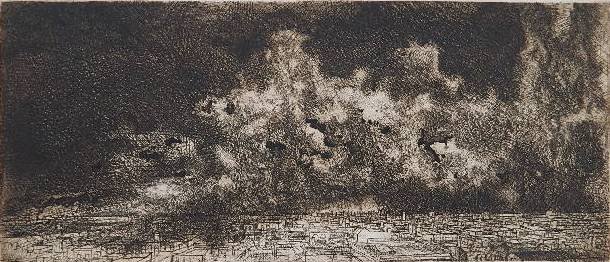 Al Blaustein etching: Al Blaustein- ''City Storm'' (AAA/Czestochowski 1970.007)- etching, singed, titled and numbered 24/100 in pencil, very good condition. 6 1/2 x 14 3/4''
