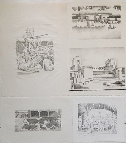 John Bloom 5 lithographs: John Bloom- ''Monkey Island''; Cows in A Barn; Swimming Pool; Factory By Water; Water Gate- 5 lithographs, last 2 on uncut 1 sheet, various sizes.