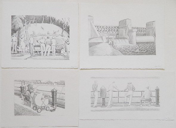 John Bloom 4 lithographs: John Bloom- Monkey Island; By A River; Four Men Fishing; Family Fishing- 4 lithographs, various sizes.