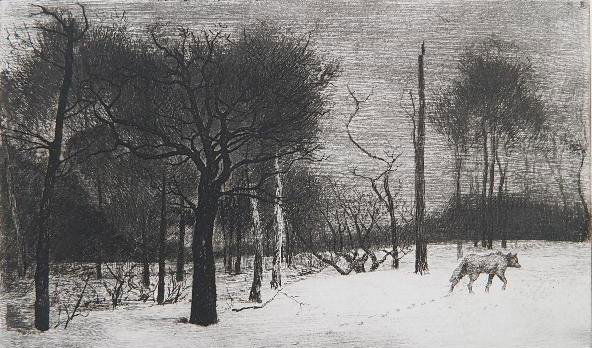 Felix Bracquemond etching and drypoint: Felix Bracquemond- ''Hiver''- etching and drypoint on chine colle, 1862, minor foxing throughout. 7 3/4 x 12 1/4''