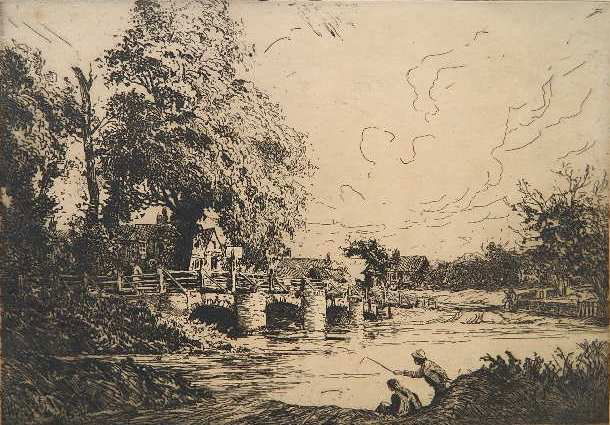 20th c. British School etching: 20th c. British School- ''Sieford''- etching, signed (illegibly) and titled in pencil, several small holes in paper (1 in image), staining in margins, tear in top margin does not go into image. 10 1/2