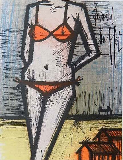 Bernard Buffet lithograph: Bernard Buffet- ''On The Beach''- lithograph in colors. 12 1/4 x 9 1/2''