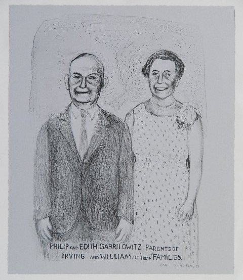 Sidney Chafetz 4 lithographs: Sidney Chafetz- Passover 1945 Providence RI; Engagement Photo of Sophie P. Gabrilowitz and Robert M. Cohen; ''Brothers''; Philip and Edith Gabrilowitz- 4 lithographs on gray paper, all signed and date