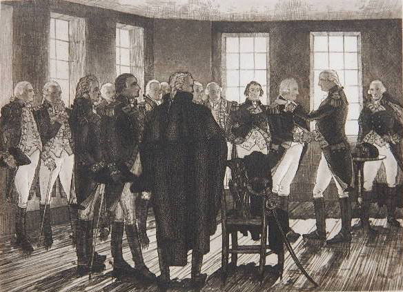 Samuel Chamberlain etching: Samuel Chamberlain- ''Dramatic Farewell at Fraunces Tavern''- etching, 1932, signed in pencil, from the portfolio- ''The Bicentennial Pageant of George Washington'', very good condition. 6 1/4 x 8 1/2