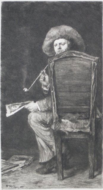 after W. M. Chase etching: William Unger after William Merritt Chase- ''Portrait of Mr. Frank Duveneck''- etching, light toning around edges, otherwise good condition. 9 1/2 x 5 1/8''
