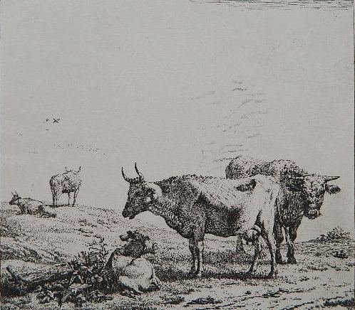 Karel Dujardin etching: Karel Dujardin- Cattle in Landscape- etching. 7 1/2 x 8 1/2''