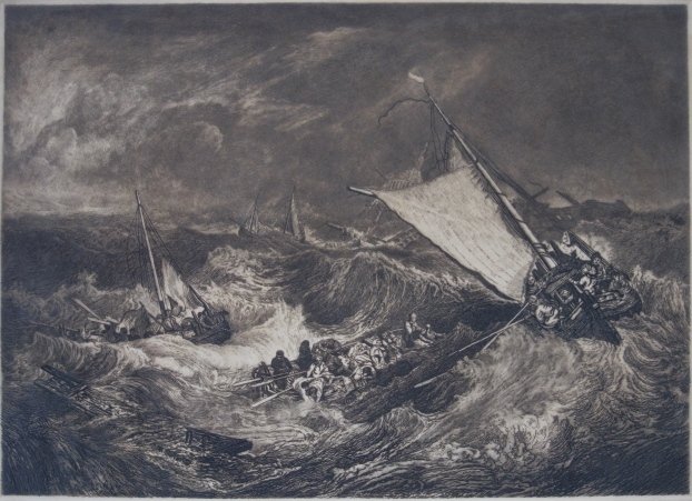 19/20th c. European School: 20th c. European School- The Storm- etching, signed (illegibly) in pencil, paper age toned, some soiling along left side. 22 1/2 x 31''