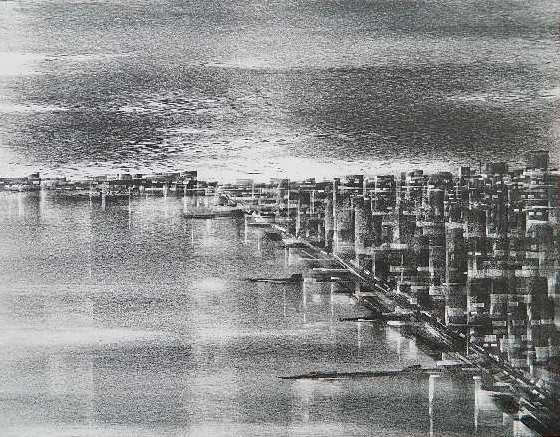 Richard Florsheim lithograph: Richard Florsheim- ''Harbor City'' (Iacono 175)- lithograph, 1965, signed and numbered 30/50 in pencil, very good condition. 13 7/8 x 18''