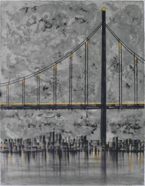 Richard Florsheim lithograph: Richard Florsheim- ''Bridge Lights'' (Iacono 215.2); (AAA/Czestochowski 1976.016.02)- lithograph in colors, 1970, signed in pencil, AAA edition, from the ''Illuminations'' portfolio. 18 x 14''