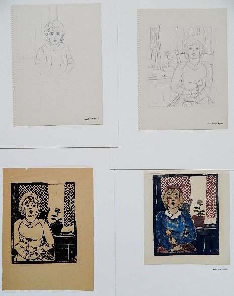 Ruth Forrest 2 woodblocks and 2 sketches: Ruth Forrest- Girl in Chair- 1 woodblock in colors, 1 woodblock and 2 preliminary sketches, black and white woodcut is signed in pencil, various sizes.