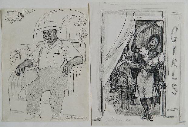 Don Freeman 2 pen and ink: Don Freeman- ''Girls''; ''Train Station''- 2 pen and ink on paper, both estate stamped. 11 1/2 x 8 3/4''ea.