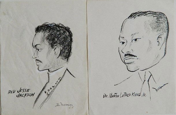 Don Freeman 2 pen and ink: Don Freeman- ''Dr. Martin Luther King''; ''Rev Jesse Jackson''- 2 pen and ink on paper, 1 signed and 1 estate stamped. 11 3/4 x 9''ea (sheet)