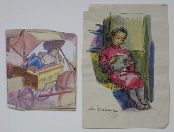 Don Freeman pen and inks: Don Freeman- Reading On The Bus- watercolor and pen and ink; Afternoon Siesta- gouache on paper; both estate stamped. 6 x 4 1/4'', 4 1/2 x 4''
