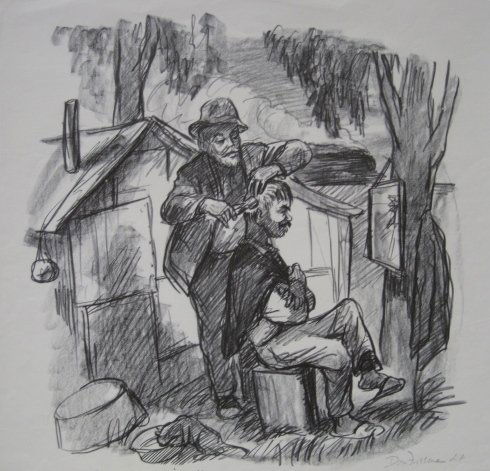 Don Freeman lithograph: Don Freeman- ''Sunday Morning Haircut'' (Mc Culloch 145)- off-set lithograph, 1956, estate stamped. 14 x 13 1/2''