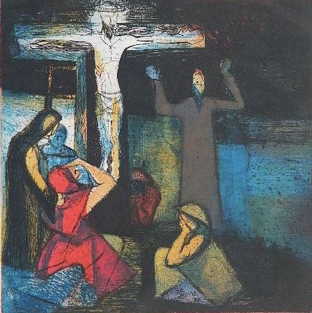 Ray French etching and aquatint: Ray French- Crucifixion- etching and aquatint in colors, 1948, signed, dated, titled and inscribed 'Printers proof' in pencil. 15 3/4 x 15 1/2''