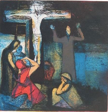 Ray French etching: Ray French- ''Crucifixion''- etching in colors, 1948, signed, titled, dated and annotated 'printers proof' in pencil. 15 3/4 x 15 1/2''