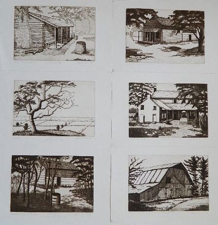 Ray French 6 etchings: Ray French- ''General Store at Corner Prairie, IN''; ''William Corner House''; ''Summer''; ''Log Cabin at Corner Prairie, IN''; ''Corner Prairie Log Cabin''; ''Barn at Cataract, IN''- 6 etchings, 1980