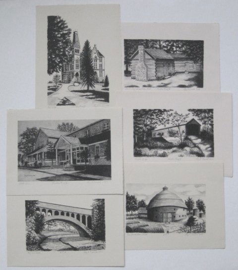 R. French 6 lithographs and 2 off-set lithographs: Ray French- ''Big Fall Arch''; ''D. A. R. Log Cabin, Robin Park''; ''East Collage'' (2 copies); ''Oakalla Bridge''; ''On Round Barn Road'' and ''Walden Inn'' (2 copies)- 6 lithographs and 2 off-set li