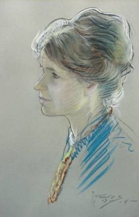 Maurice Fromkes pastel: Maurice Fromkes- Portrait of Imogene Keller- pastel on paper, 1914, signed and dated. 17 x 9''