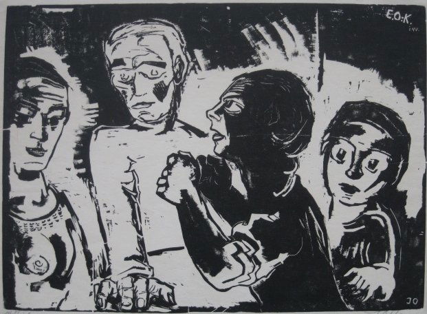 20th c. German School woodcut: 20th c. German School- Four Figures, signed (illegibly) and numbered 6/25 in pencil, installed 'E.O.K. and J.O.' in the block, very good condition. 20 x 24''
