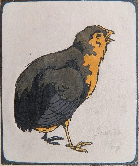 20th c. German School woodblock: 20th c. German School- Chick- woodblock in colors, signed (illegibly) in pencil, very good condition. 4 5/8 x 4''
