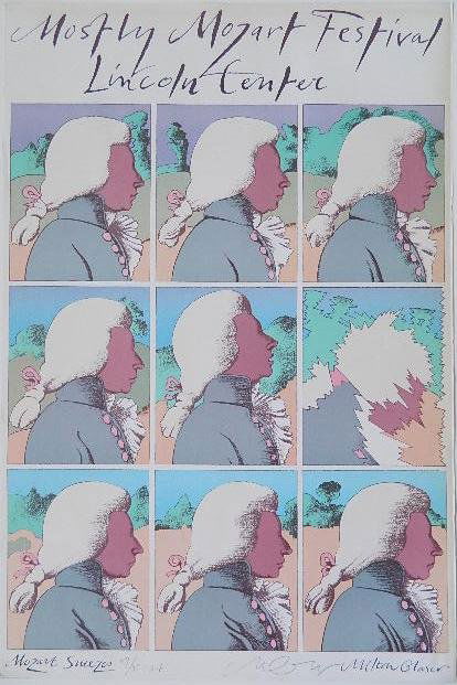 Milton Glaser lithographic poster: Milton Glaser- ''Mozart Sneezes''- lithographic poster in colors, signed and numbered 27/35 A.P. in pencil, for an event- Mostly Mozart Festival, Lincoln Center, paper slightly age toned. 36 x 24''