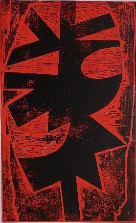 Peter Green woodcut: Peter Green- ''Totem Form I''- woodcut in colors, 1968, signed, dated, titled and numbered 40/100 in pencil, creasing and some tears lower right corner, away from image. 29 x 18''