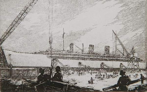 Kent Hagerman etching: Kent Hagerman- Shipbuilding- etching. 5 3/4 x 9 3/8''