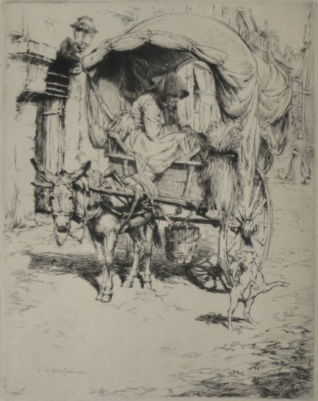 Arthur Heintzelman etching: Arthur W. Heintzelman- ''A Donkey Cart in Montmartre'' (Smith 92)- etching, 1923, signed in pencil, edition of 300, done for the Chicago Society of Etchers, with its blindstamp, artist called it 'one 