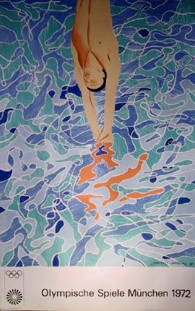 David Hockney lithographic poster: David Hockney- Olympic Diver 'Olympische Spiele Munchen'- lithographic poster, 1972, one small tear along edge. 40 x 25''