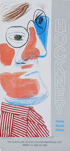 after David Hockney poster: after David Hockney- ''Hockney - Cleveland Center For Contemporary Art''- off-set poster, 1989, signed in pen by Hockney. 23 x 11''