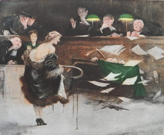 Gaston Hoffmann off-set lithograph: Gaston Hoffmann- Court Room Scene- off-set lithograph, signed and numbered 39/250 in pencil, laid down. 14 1/4 x 17 1/4''