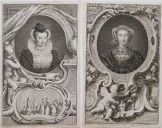 I. Houbraken 2 engravings: I. Houbraken 2 engravings- after Holbein ''Ann of Cleues, Queen of King Henry VIII'' 1738; and after I Oliver ''Mary, Queen of Scots'' 1740. 14 1/4 x 8 3/4'' ea.