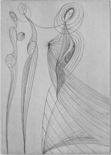 Ian Hugo engraving: Ian Hugo- ''Encircled'' (AAA/Czestochowski 1979.012.003)- engraving, 1945, signed, titled, dated and numbered 22/50, from 'Ten Engravings' portfolio as published in 1979. 1 7/8 x 5''