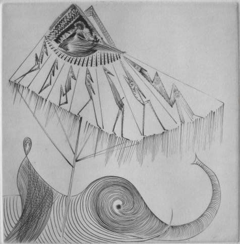 Ian Hugo engraving: Ian Hugo- ''Caravan'' (AAA/Czestochowski 1979.012.006)- engraving, 1946, signed, dated, titled and numbered 41/50, from 'Ten Engravings' portfolio as published in 1979. 6 x 6''