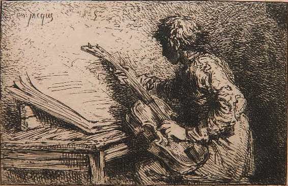 Charles Jacques etching: Charles Jacques- The Composer- etching on chine colle, published by Delatre, minor foxing throughout, 3 pieces of masking tape along top edge verso. 3 x 4 1/2''