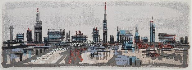 Joe Jones silkscreen: Joe Jones- ''Against The Sky'' (AAA/Czestochowski 1961.014)- silkscreen in colors, 1961, signed, titled and numbered 95/100 in pencil, one scuff in image. 12 1/4 x 32''