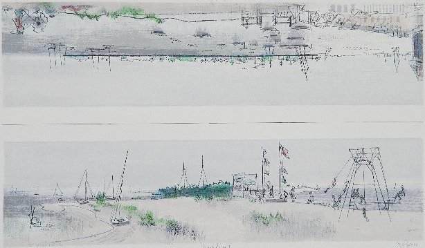 Joe Jones 2 lithographs: Joe Jones- ''Beach Scene I''; ''Beach Scene II'' (AAA/Czestochowski 1962.027 and .028)- 2 lithographs in colors, 1962, both signed, titled and numbered 102/110, on single uncut sheet. 8 x 32''ea.