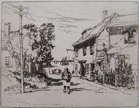 Philip Kappel etching: Philip Kappel- Street Scene- etching, signed in pencil, tape hinges remnants upper corners. 4 7/8 x 6 3/8''