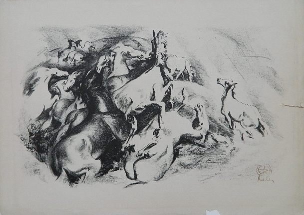 Henry G. Keller lithograph: Henry G. Keller- ''Fighting Horses''- lithograph, signed in pencil, tear in right margin, does not go into image. 11 x 17 1/4''