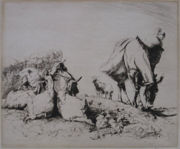 Henry G. Keller etching: Henry G. Keller- ''Goats and Burros''- etching, signed in pencil, slightly light struck, some discoloration to paper. 9 x 11''