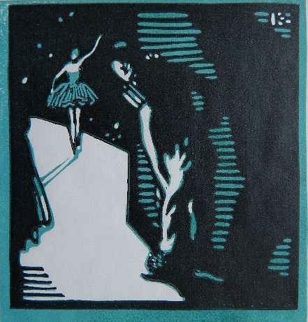 Norman Kent woodcut: Norman Kent- ''Pierrot Peers Out''- woodcut in 2 colors, signed and titled in pencil, very good condition. 4 x 3/4''