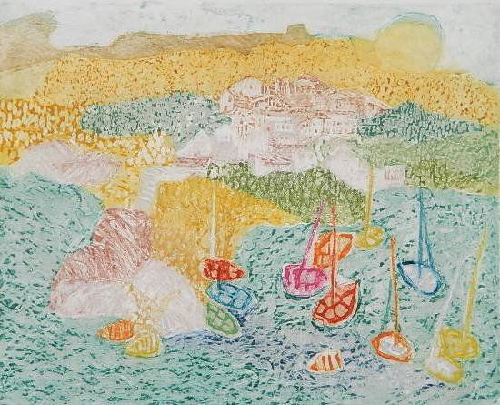 Ruth Kerkovius etching: Ruth Kerkovius- ''Boats Dancing on The Water''- etching in colors, 1971, signed, dated, titled and numbered 10/24 in pencil, slightly light struck. 17 1/4 x 21 1/2''