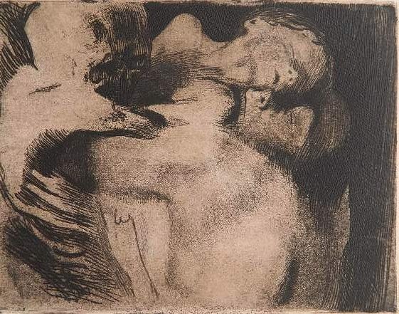 Kathe Kollwitz etching: Kathe Kollwitz- "Tod Und Frau Um Daskind Ringend" (Klipstein 118)- etching, 1911, posthumous printing, lower right corner in margin torn and missing, well away from image. 11 3/8 x 8 3/4''