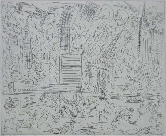 Bill Komodore etching: Bill Komodore- ''Alas That Mighty City'' (AAA/Czestochowski 1971.028)- etching, 1971, signed, titled, dated and numbered 243/250, very good condition. 8 x 10''