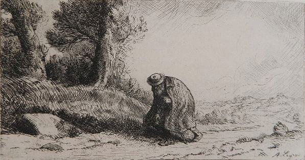 Alphonse Legros etching: Alphonse Legros- Peasant on Dirt Road- etching, slightly light struck. 5 1/2 x 10 1/2''